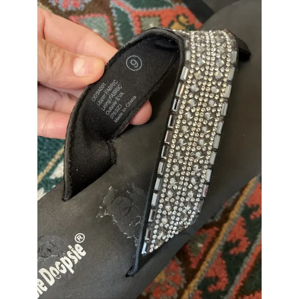 Womens Size 9 Chunky Y2K Inspired Platform Flip Flop Sandals Black Rhinestones